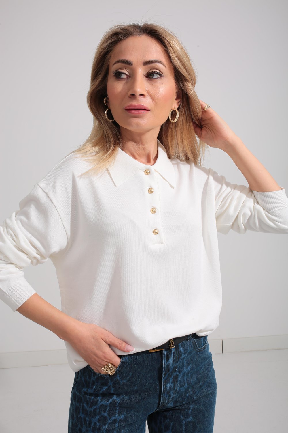 Polo Yaka Gold Düğmeli Oversize Triko Kazak