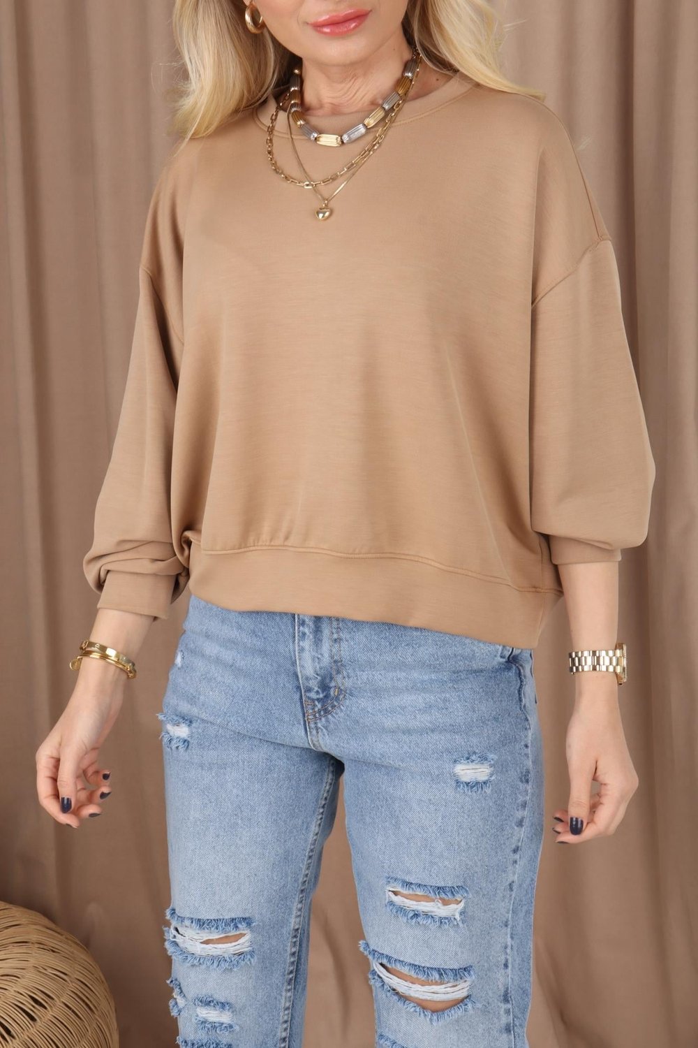 Sıfır Yaka  Camel Sweatshirt