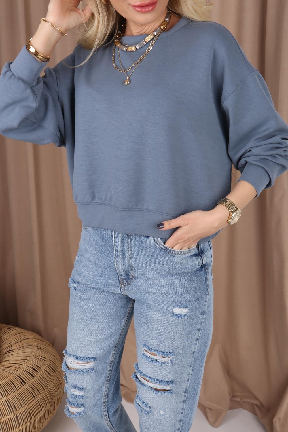 Sıfır Yaka  Mavi Sweatshirt