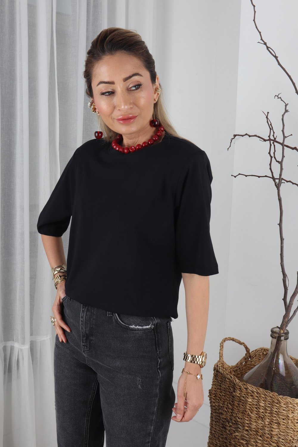 Sıfır Yaka Vatkalı Siyah Basic Tshirt