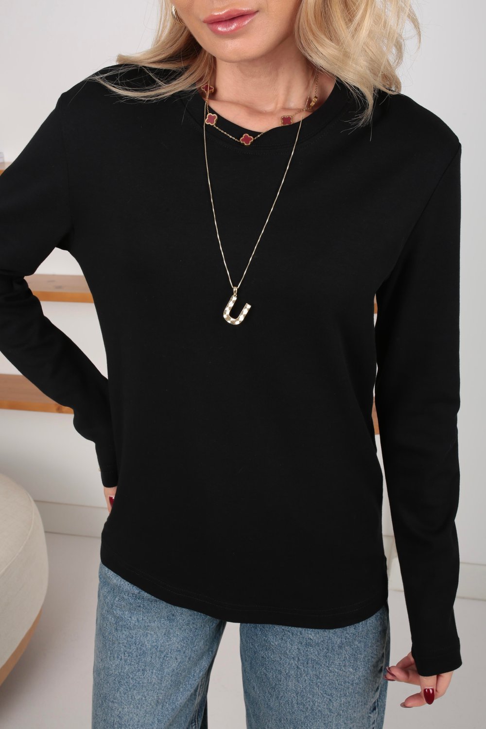Siyah Bsiklet Yaka Uzun Kol İnce Sweatshirt