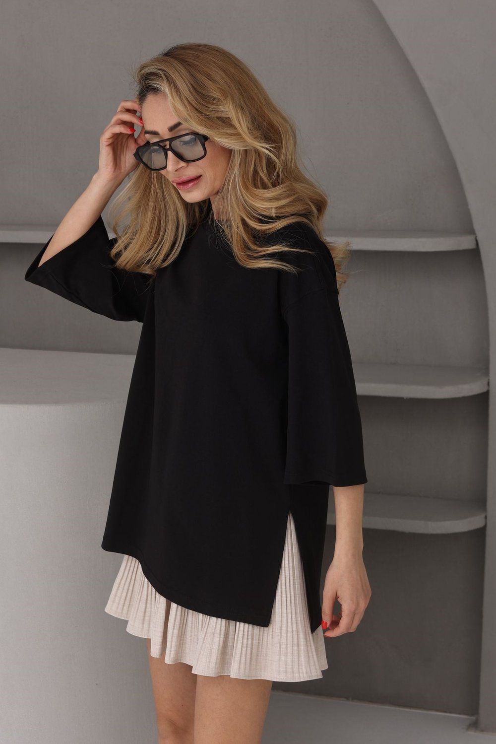 Siyah Oversize Yanı Yırtmaçlı Basic Tshirt