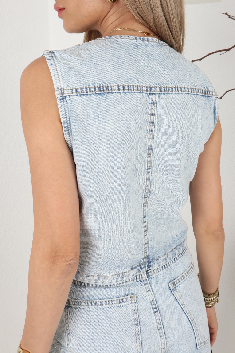 Taş Baskılı Denim Yelek