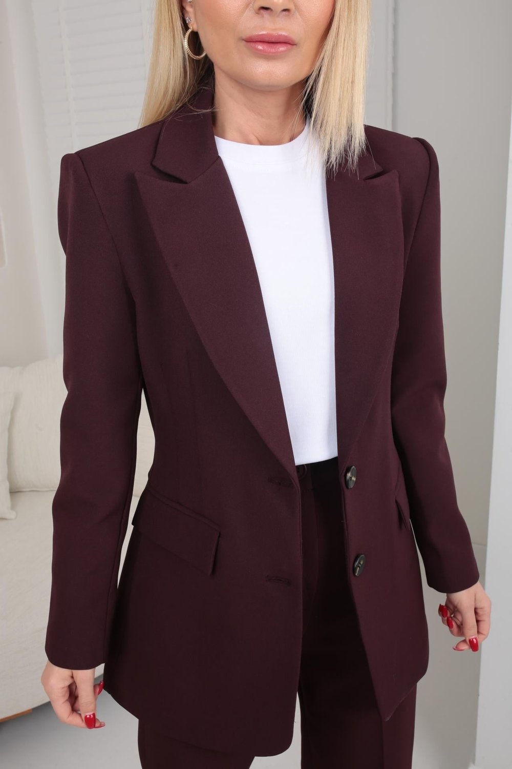 Tek Düğme Kapak Cepli Koyu Mürdüm Blazer