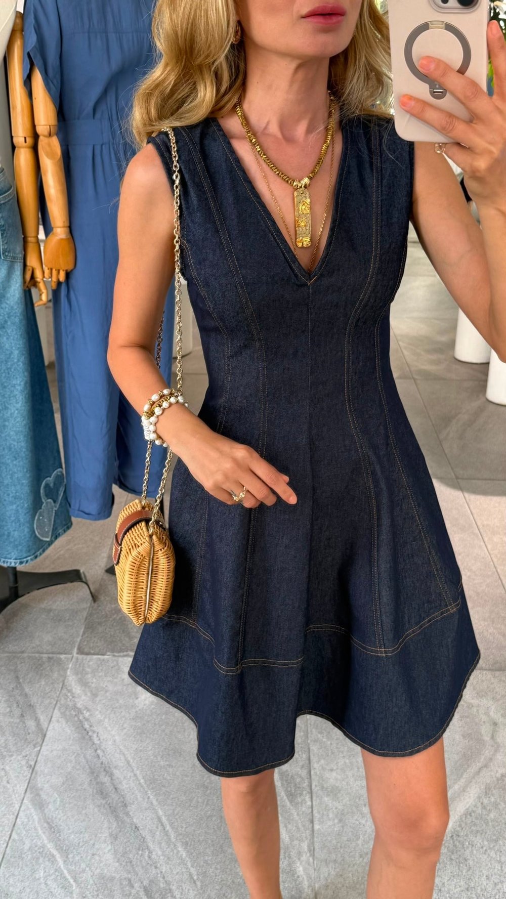 V Yaka Likralı Denim Elbise