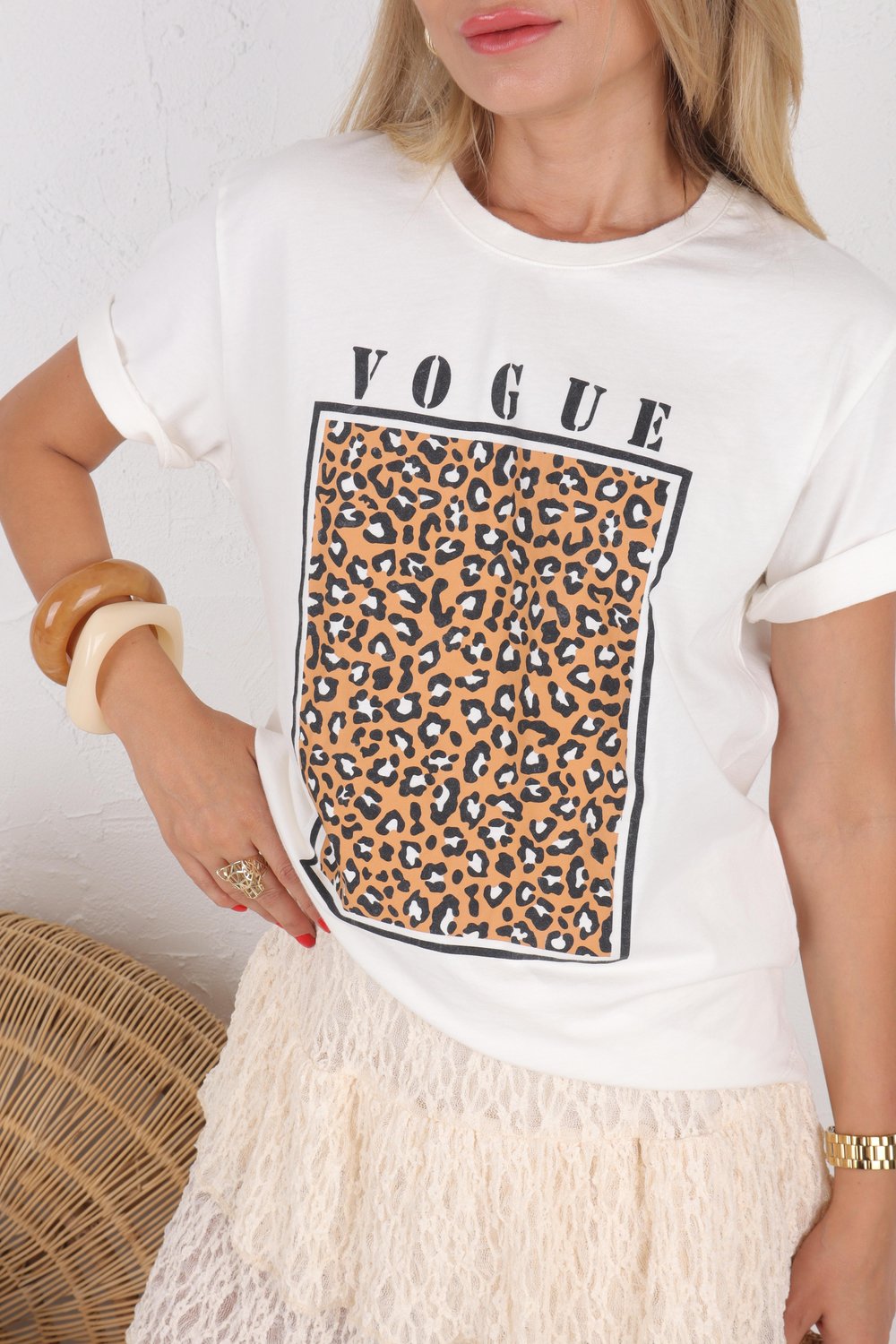 Vouge Baskılı Leopar desen Ekru Tshirt