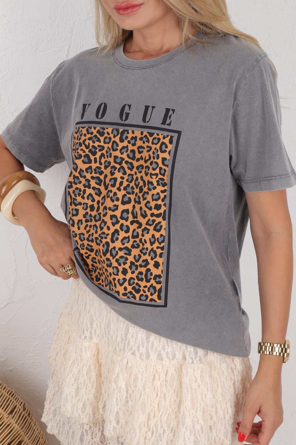 Vouge Baskılı Leopar desen Gri Tshirt