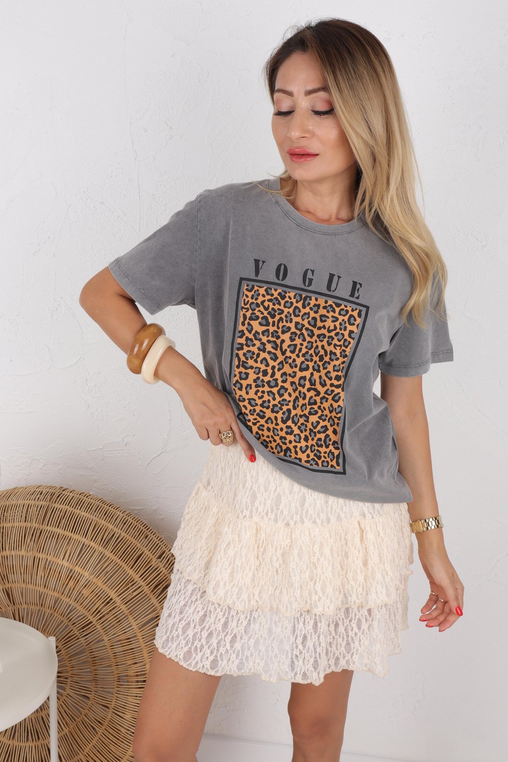 Vouge Baskılı Leopar desen Gri Tshirt