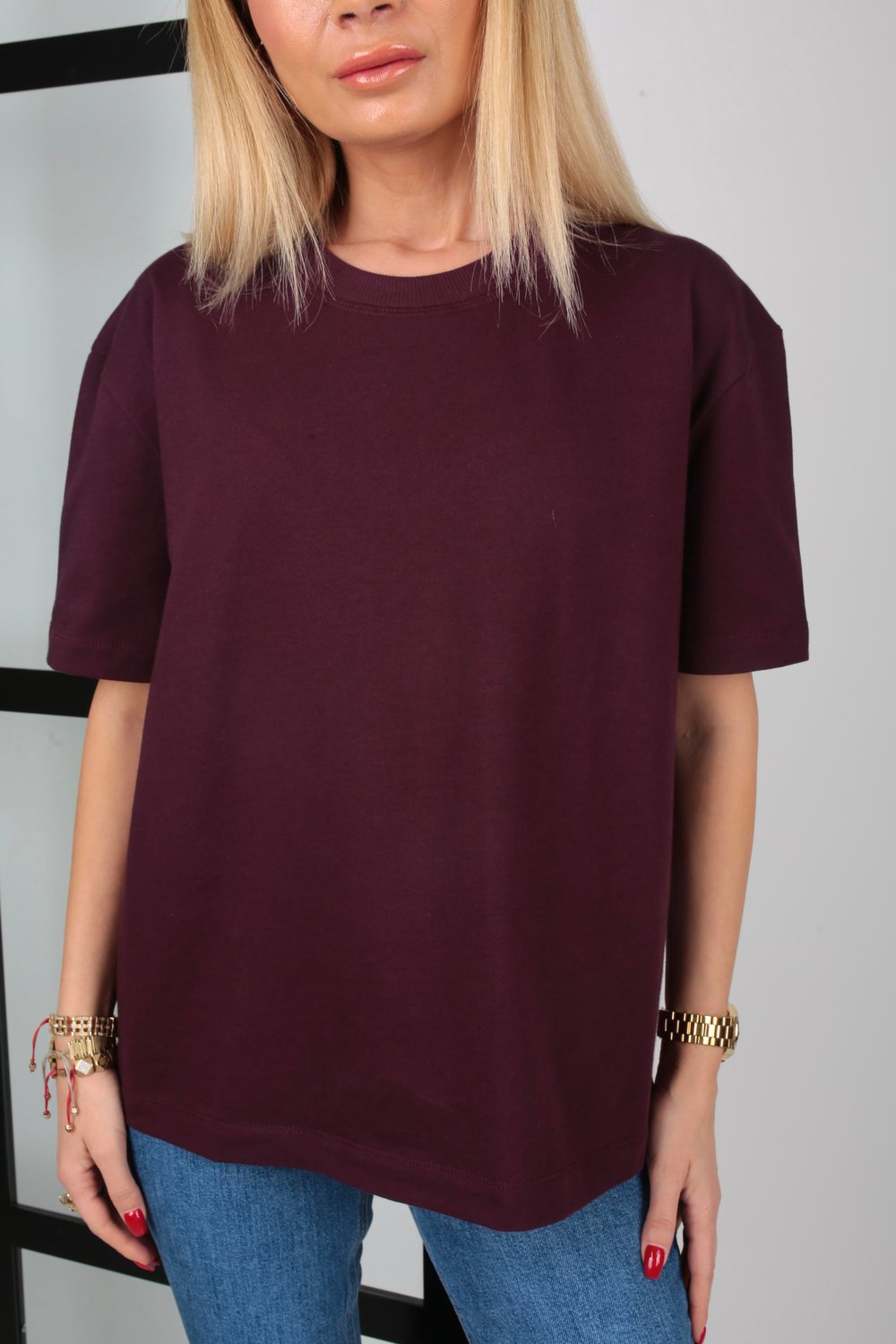 Yakası Fitilli Mürdüm Oversize Tshirt