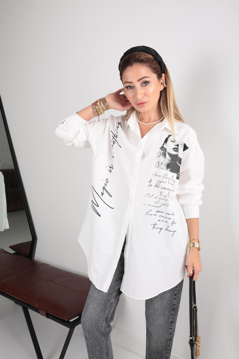 Yazı Baskılı Oversize Ekru Gömlek