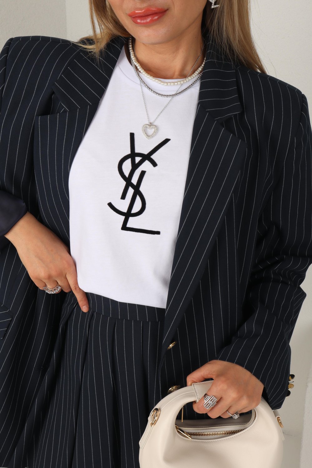 Ysl Baskıılı Ekru Basic Tshirt
