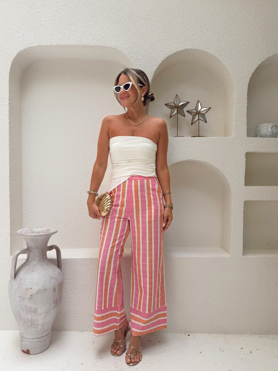 Nişantaşı Butik RENKLİ ÇİZGİLİ BOL PAÇA KETEN  PANTOLON
