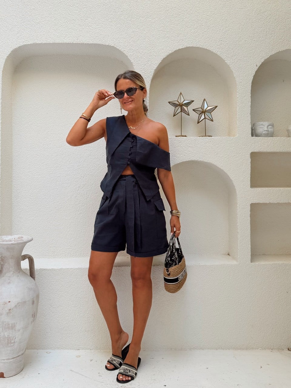 Nişantaşı Butik TASARIM BLUZ KUŞAKLI ŞORT KETEN TAKIM LACİVERT
