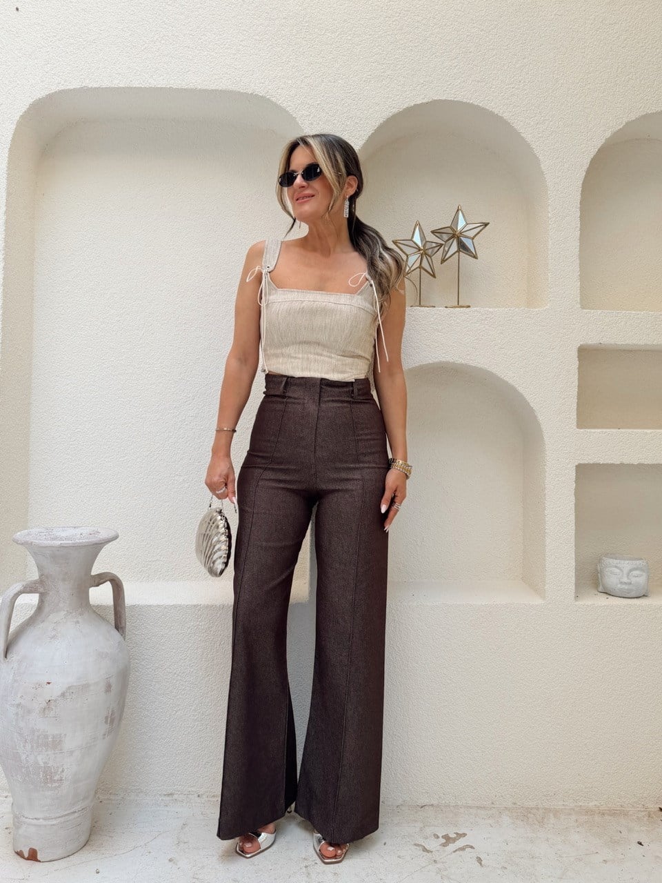 Nişantaşı Butik YÜKSEK BEL KONTRAST LİKRALI PANTOLON KAHVERENGİ