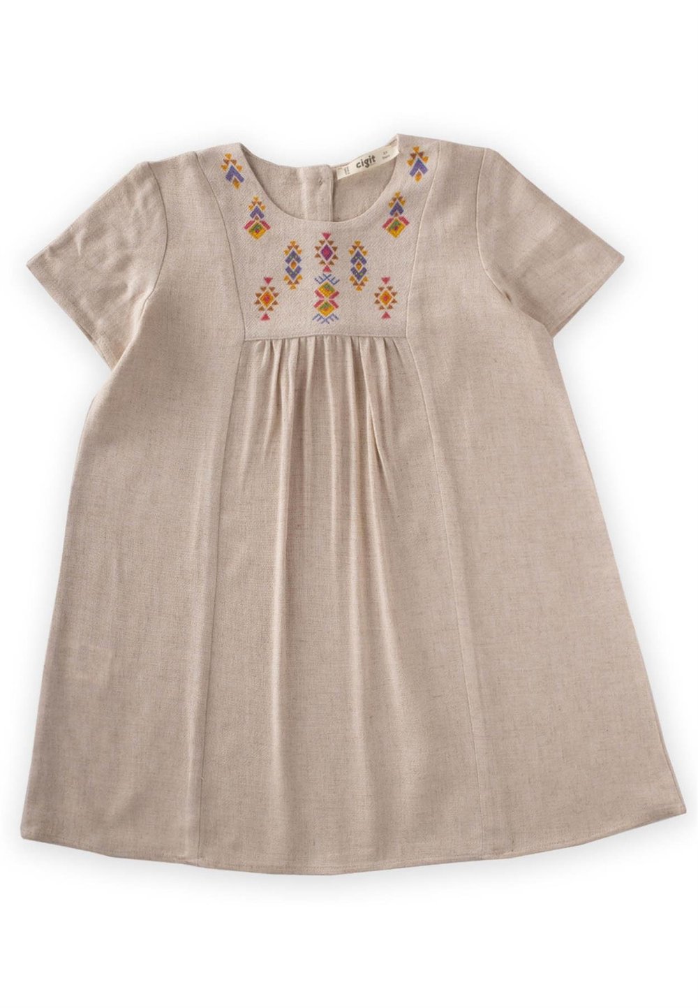 Etnik Desen Baskılı Keten Elbise 2-7 Yaş Naturel