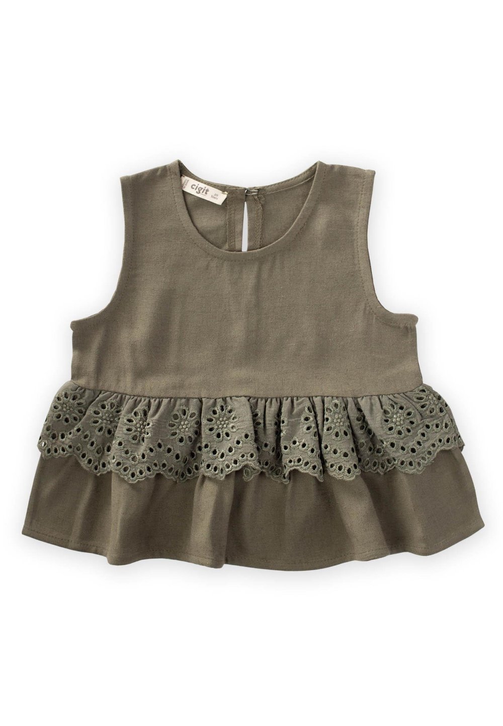 Bel Tambur Dantelli Keten Bluz 2-7 Yaş HAKİ YEŞİL