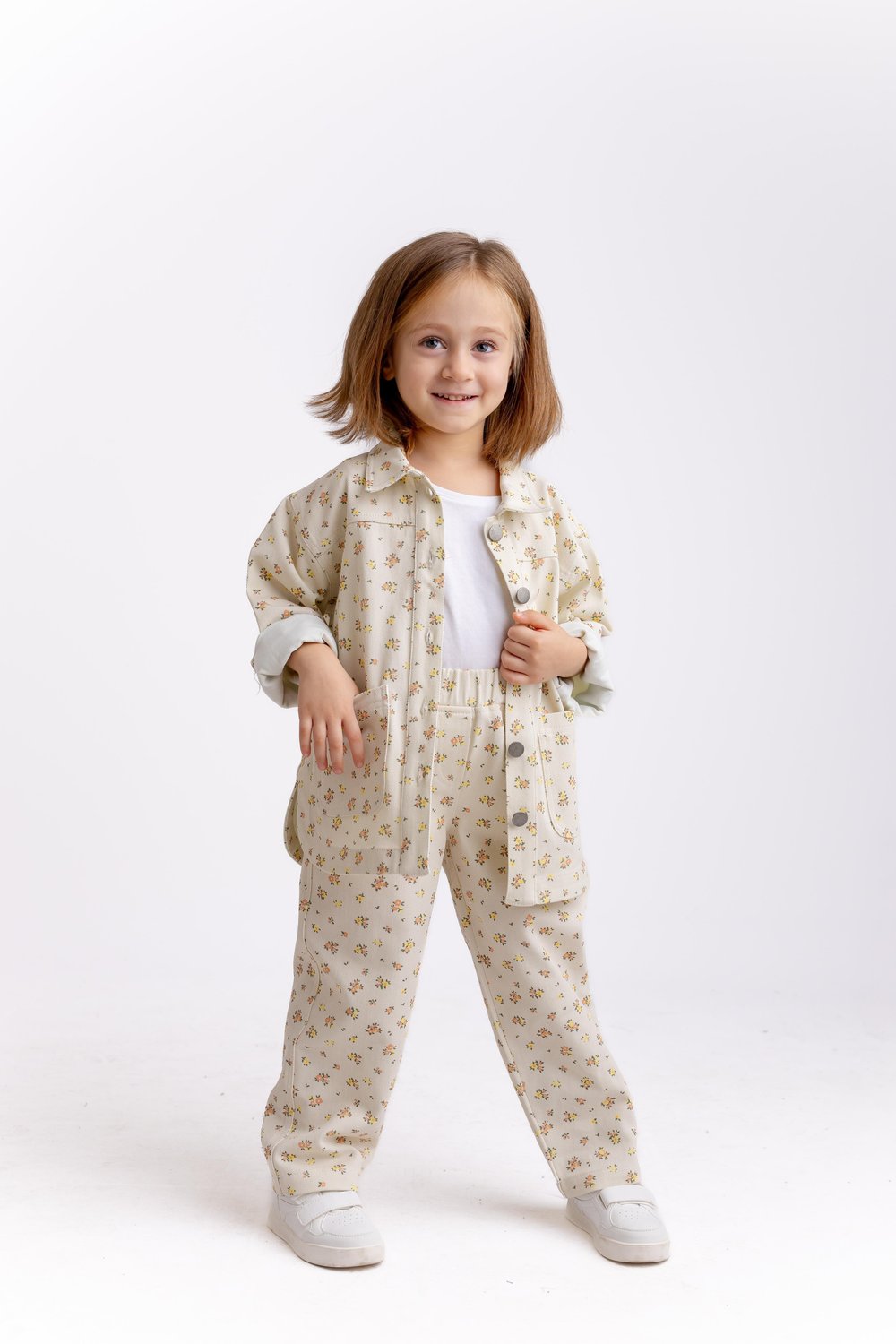 Çiçek Desenli Gabardin Ceket 2-7 Yaş Ekru Çiçekli