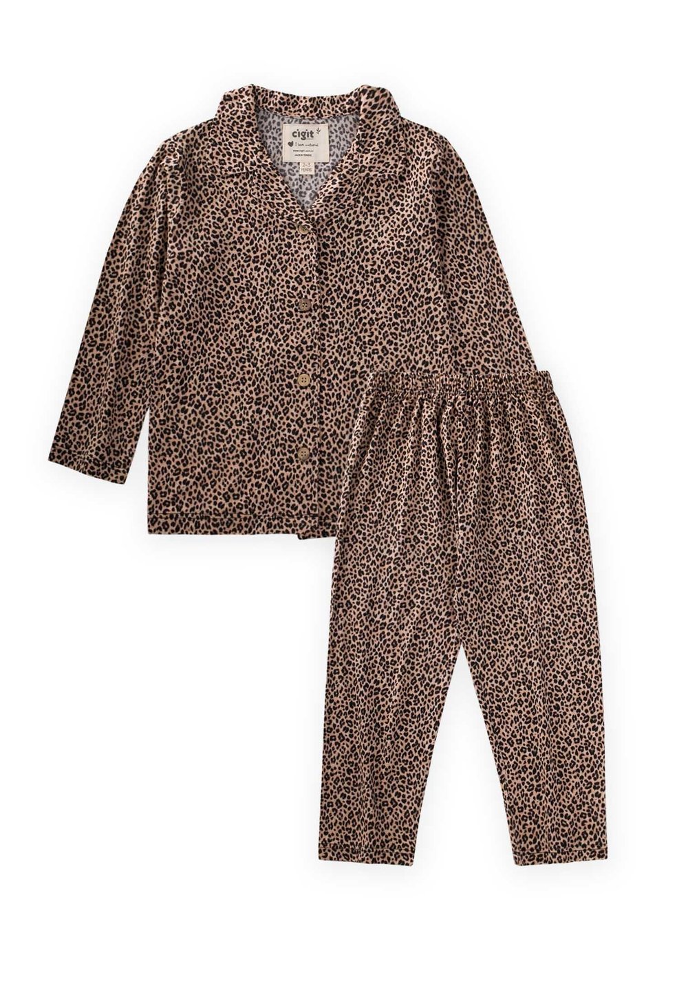 Dökümlü Gömlek Yaka Pijama Takım 8-12 Yaş Leopar Desen