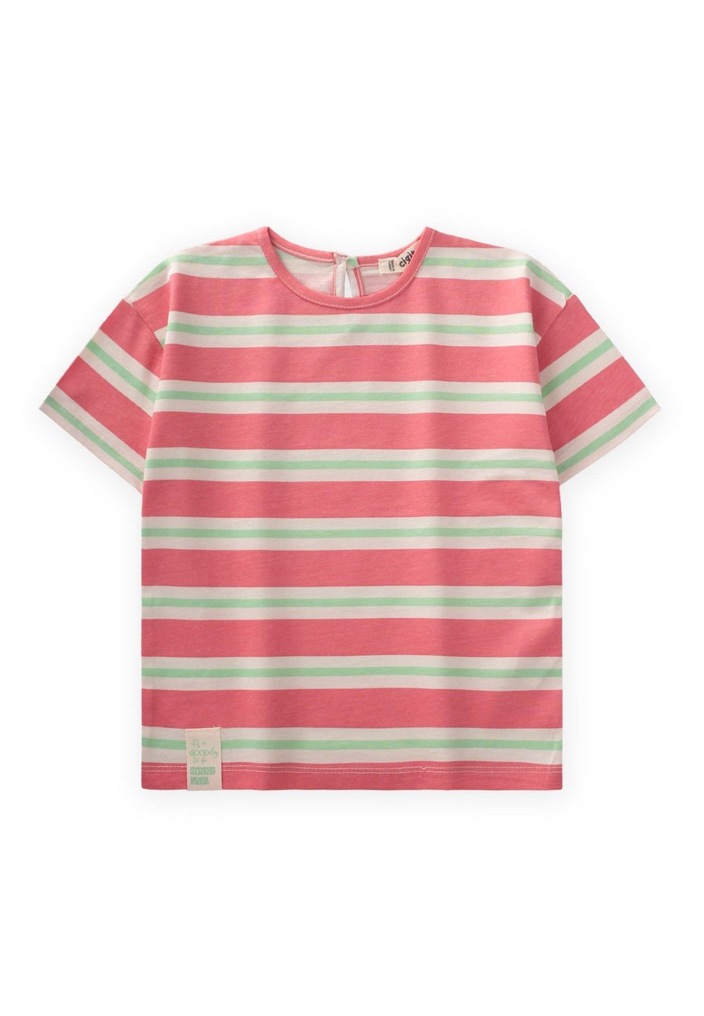 Çizgili Kız T-Shırt 2-10 Yaş Pembe Yeşil Çizgili