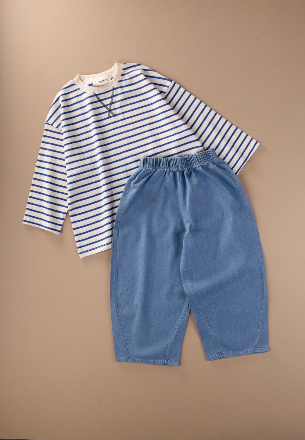 Oversize Mevsimlik Geniş Kesim Pantolon Takım 2-10 Mavi Çizgili