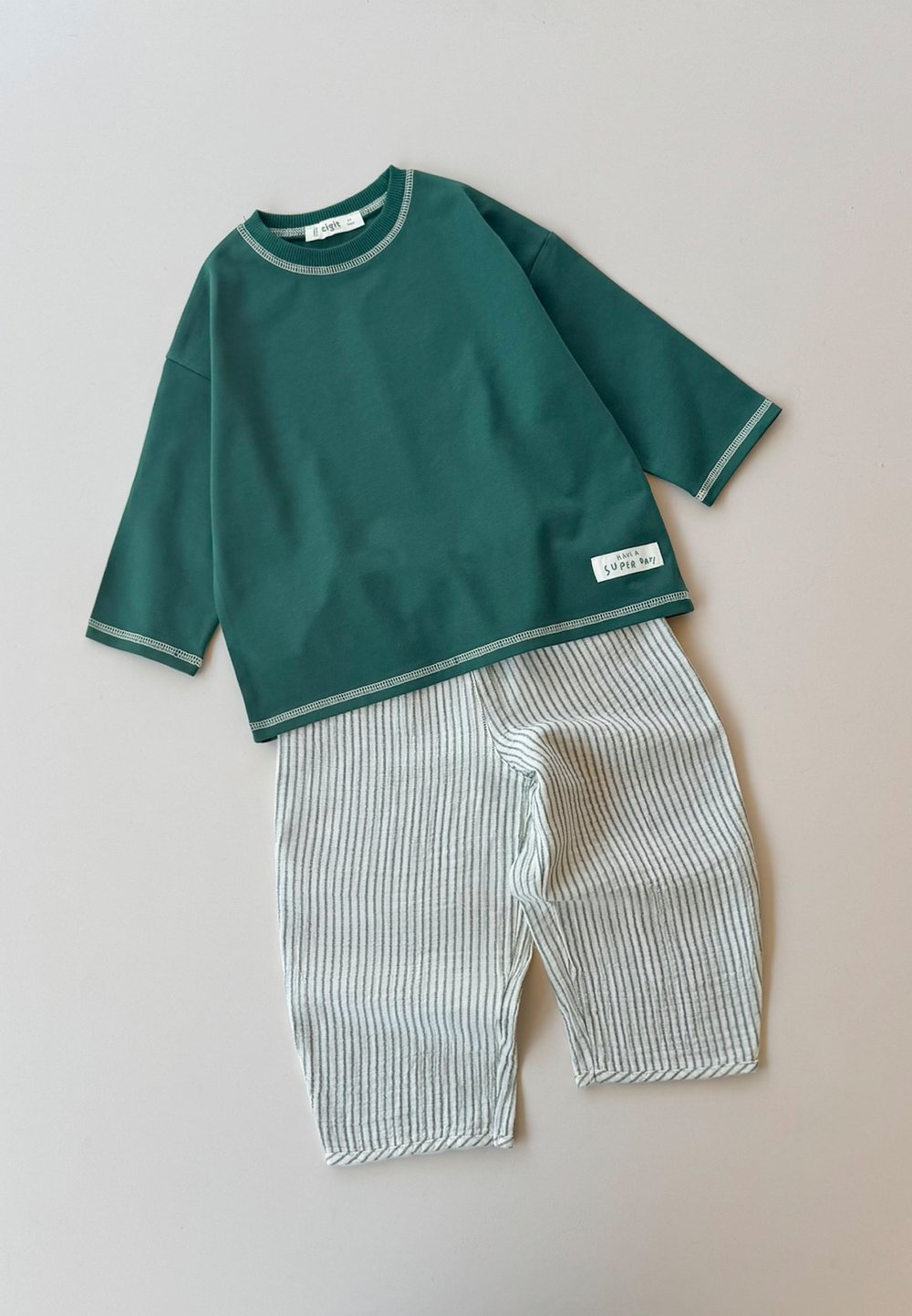 Oversize Müslin Pantolonlu Takım 2-10 Yaş Yeşil İnce Çizgili