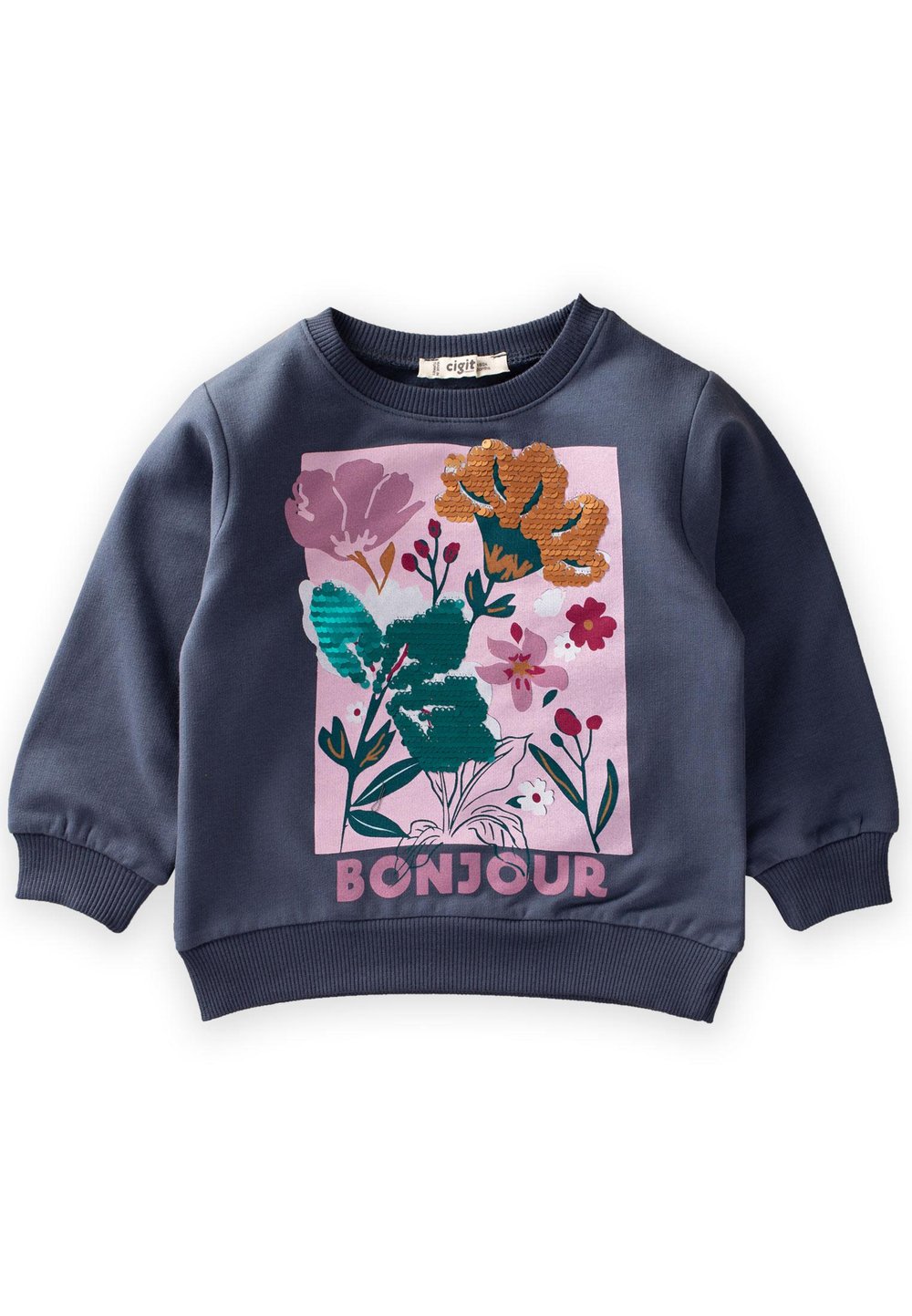 Çiçek Basdkılı Pullu Sweatshırt 1-6 Yaş LACİVERT