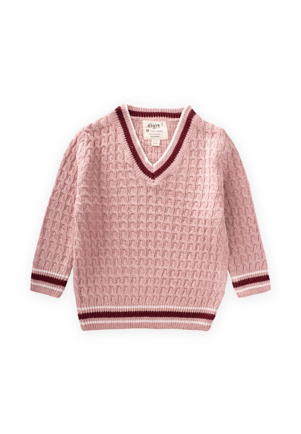 Saç Örgü V Yaka Kazak 2-9 Yaş Pudra Pembe