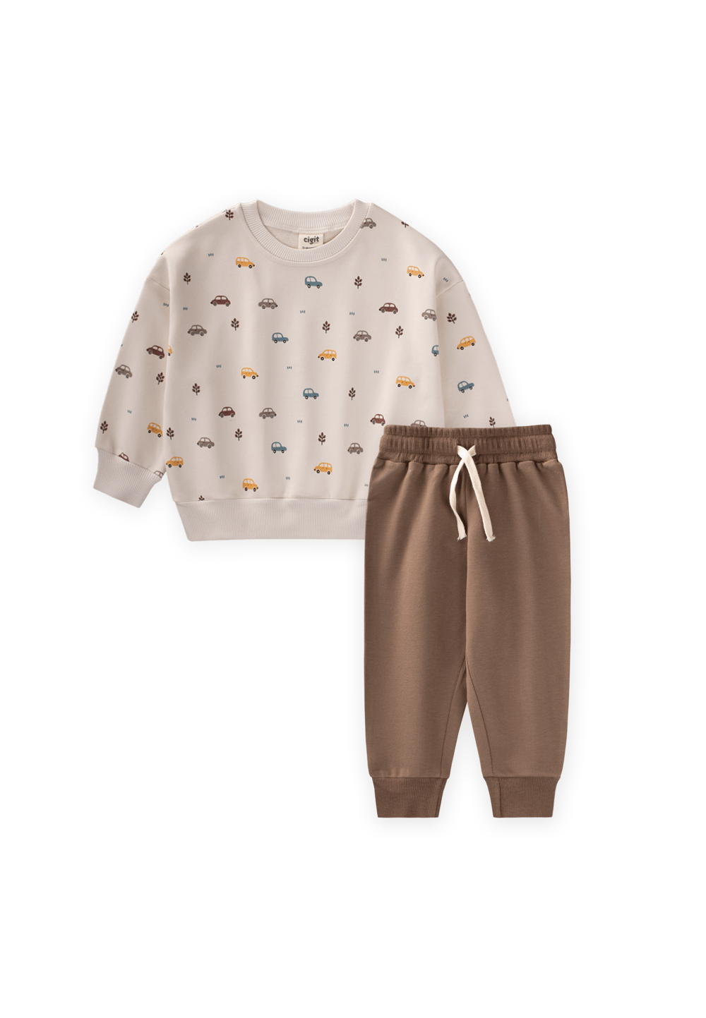 Araba Baskılı Sweatshirt Takım 1-5 Yaş Bej