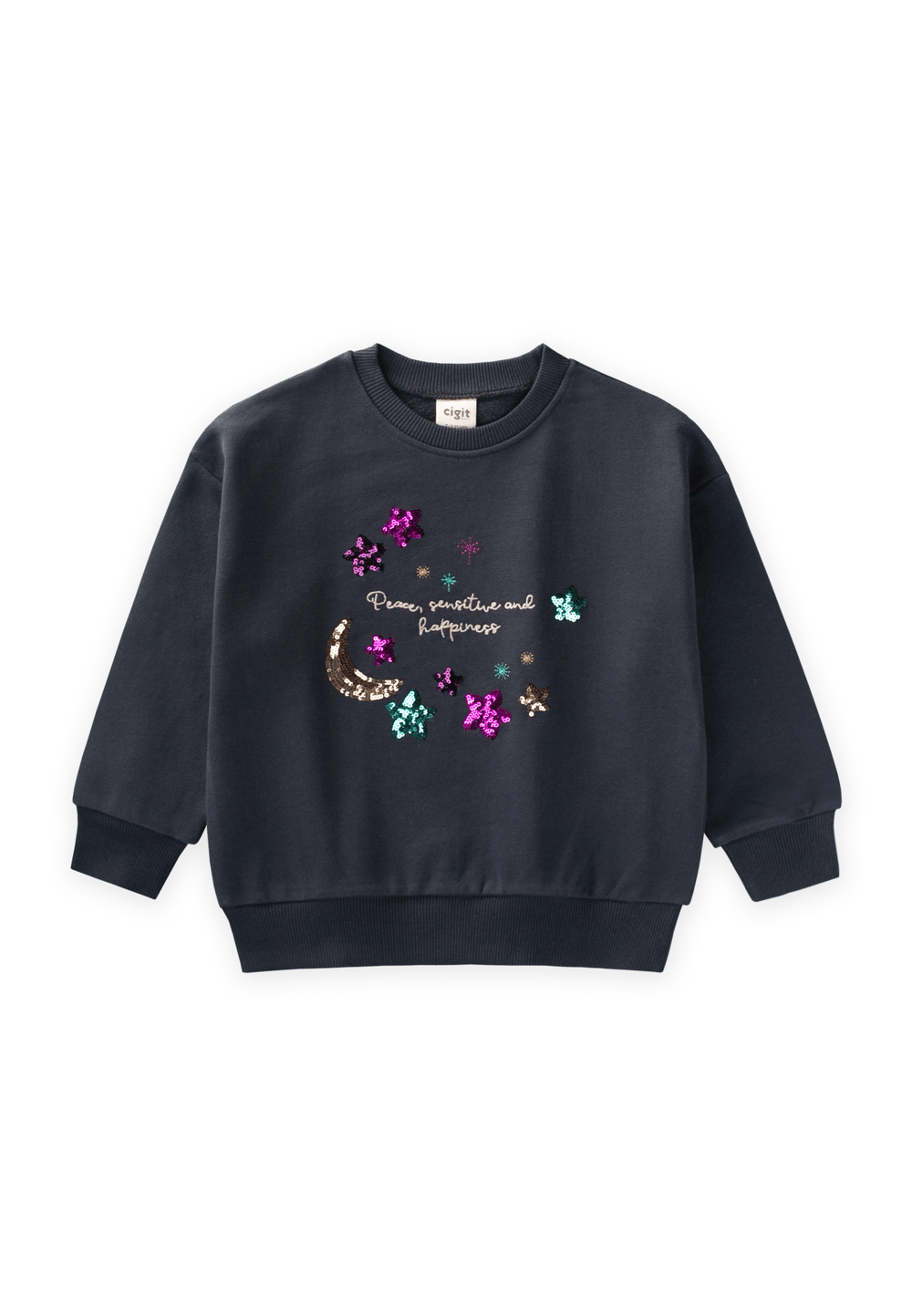 Pullu Ay Yıldız Nakışlı Sweatshirt 2-8 Yaş ANTRASİT