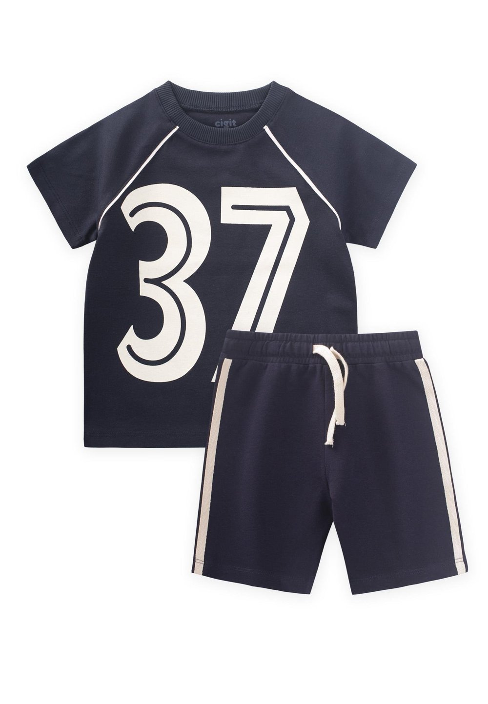 Baskılı Şerit Detaylı T-Shırt Takım 2-10 Yaş LACİVERT