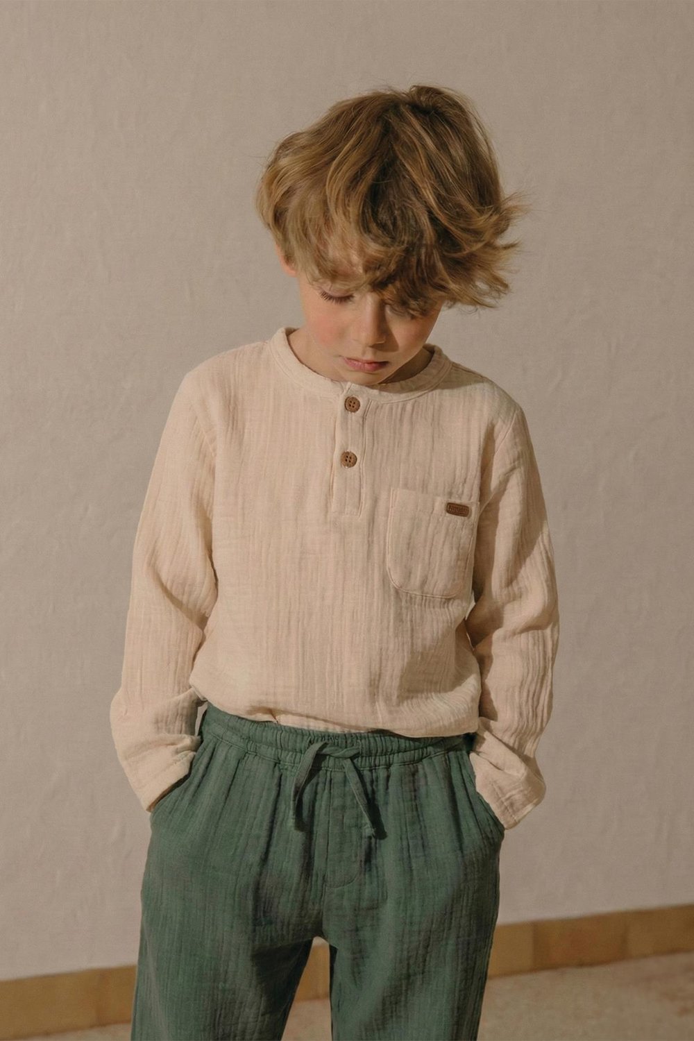 Organik Müslin Bohem Gömlekli Mevsimlik Takım 8-12 Yaş Krem/Ç.Yeşili