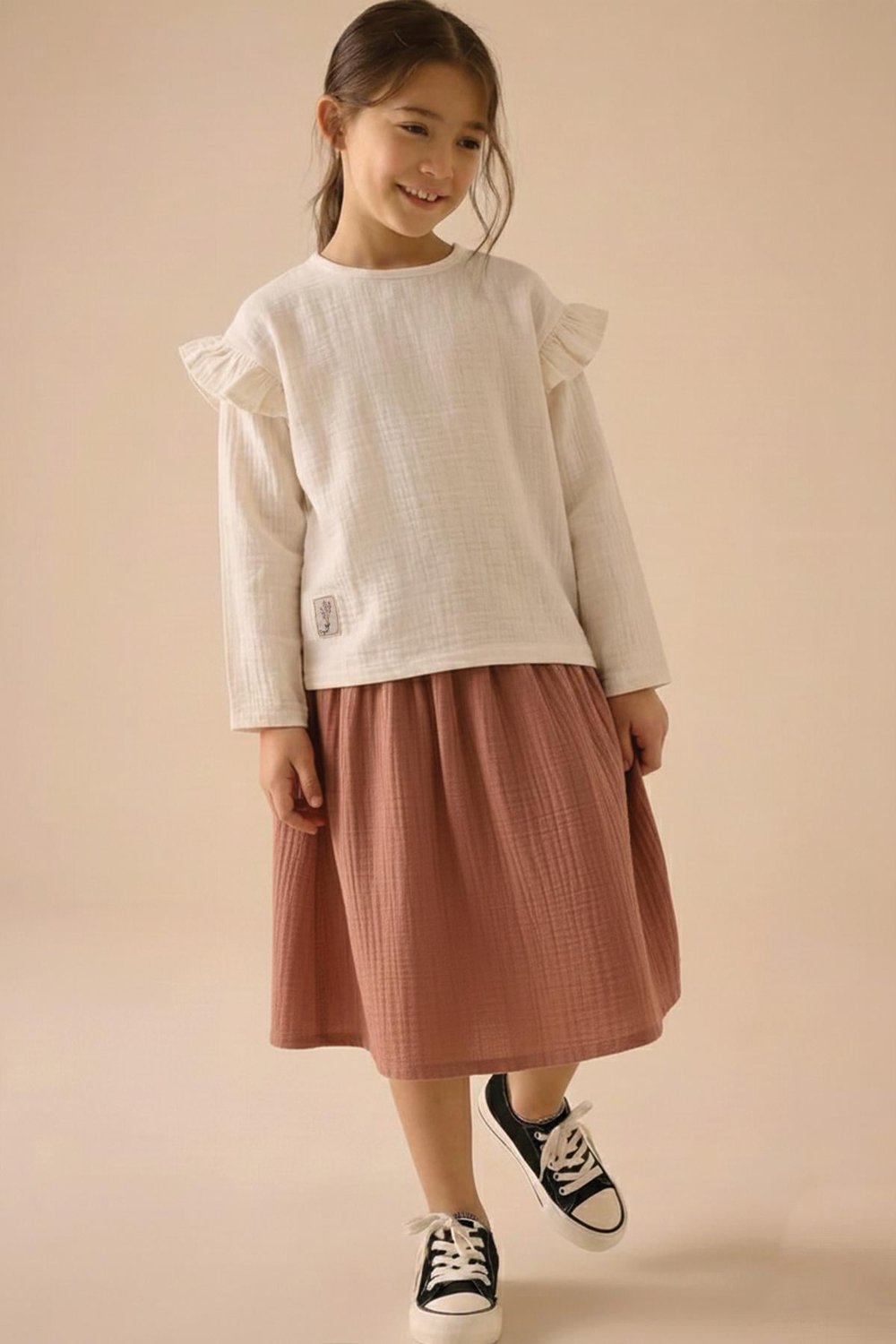 Organik Müslin Oversize Bohem Bluz Uzun Etekli Takım 2-8 Yaş Naturel