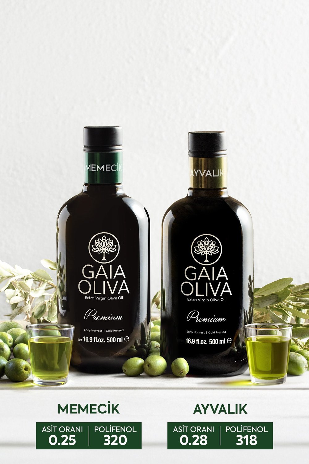 2li Premium Ayvalık ve Premium Memecik 500 ml Erken Hasat Natürel Sızma Zeytinyağı