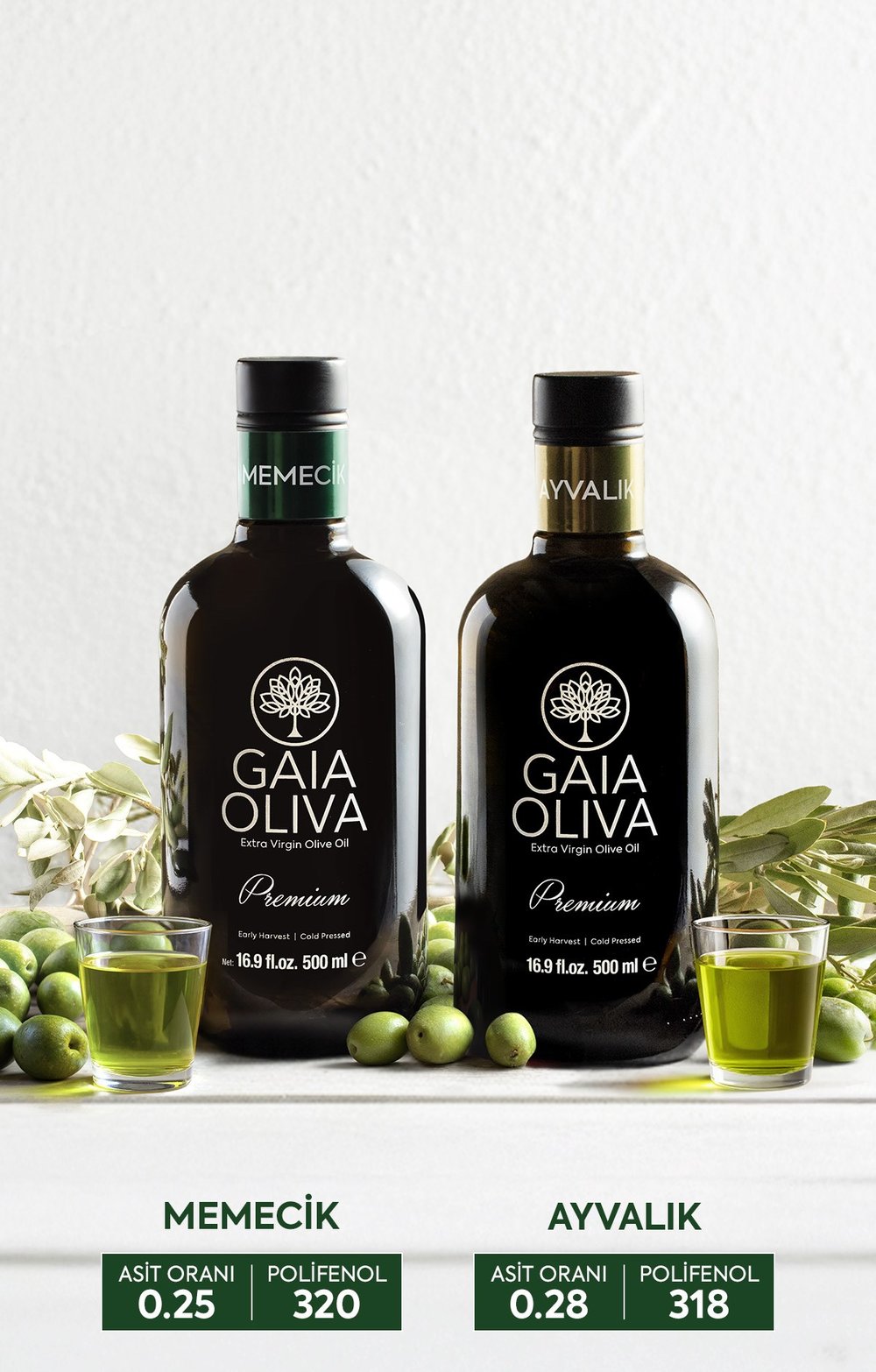 2li Premium Ayvalık ve Premium Memecik 500 ml Erken Hasat Natürel Sızma Zeytinyağı