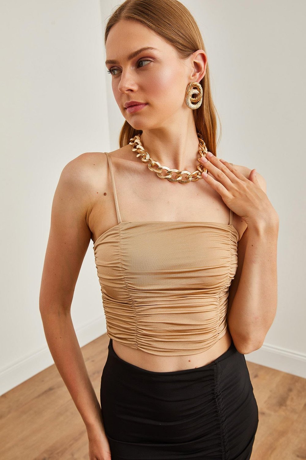Askılı Çift Kat Drape Bluz Bej