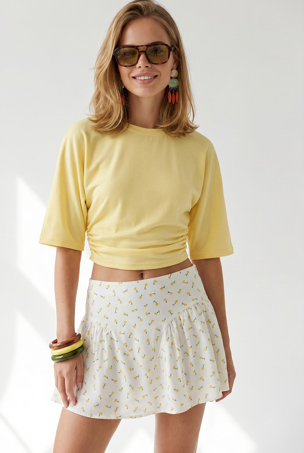 Bisiklet Yaka Yarasa Drape Detaylı Crop Bluz Sarı