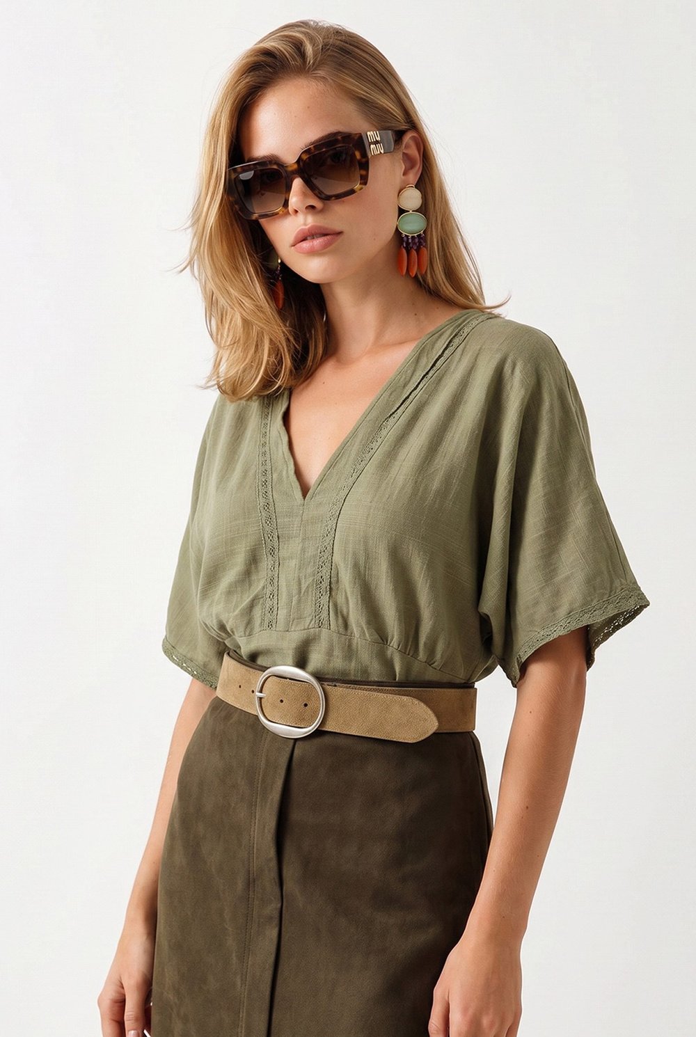Boho Dantel Detaylı Flam Pamuk Bluz Haki