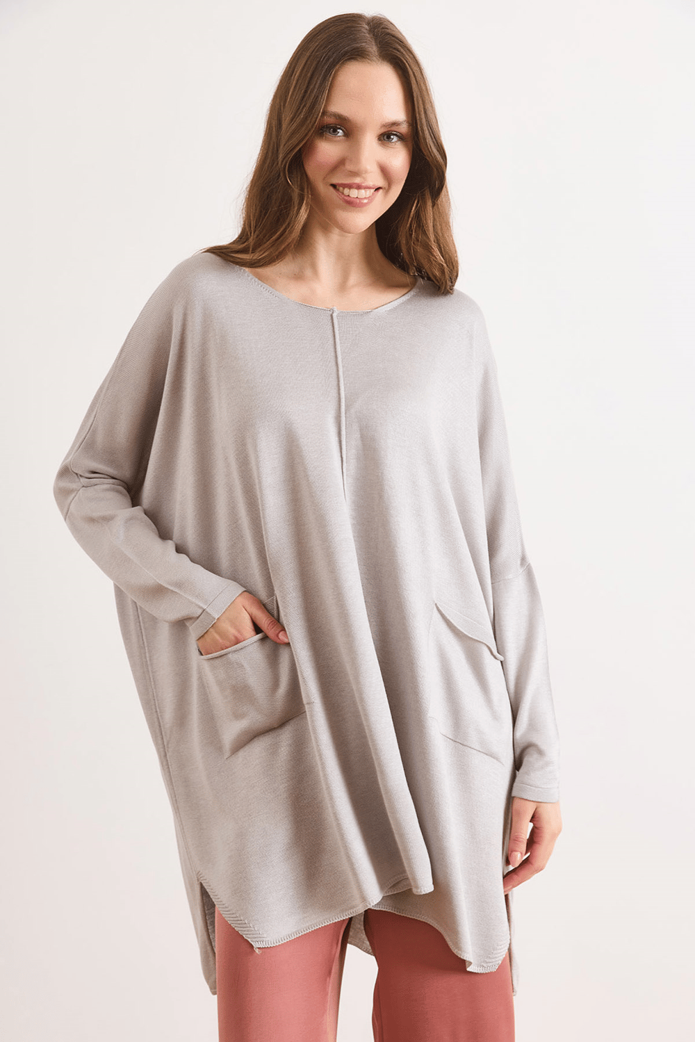 Çift Cepli Oversize Yırtmaçlı Uzun Triko Tunik Gri