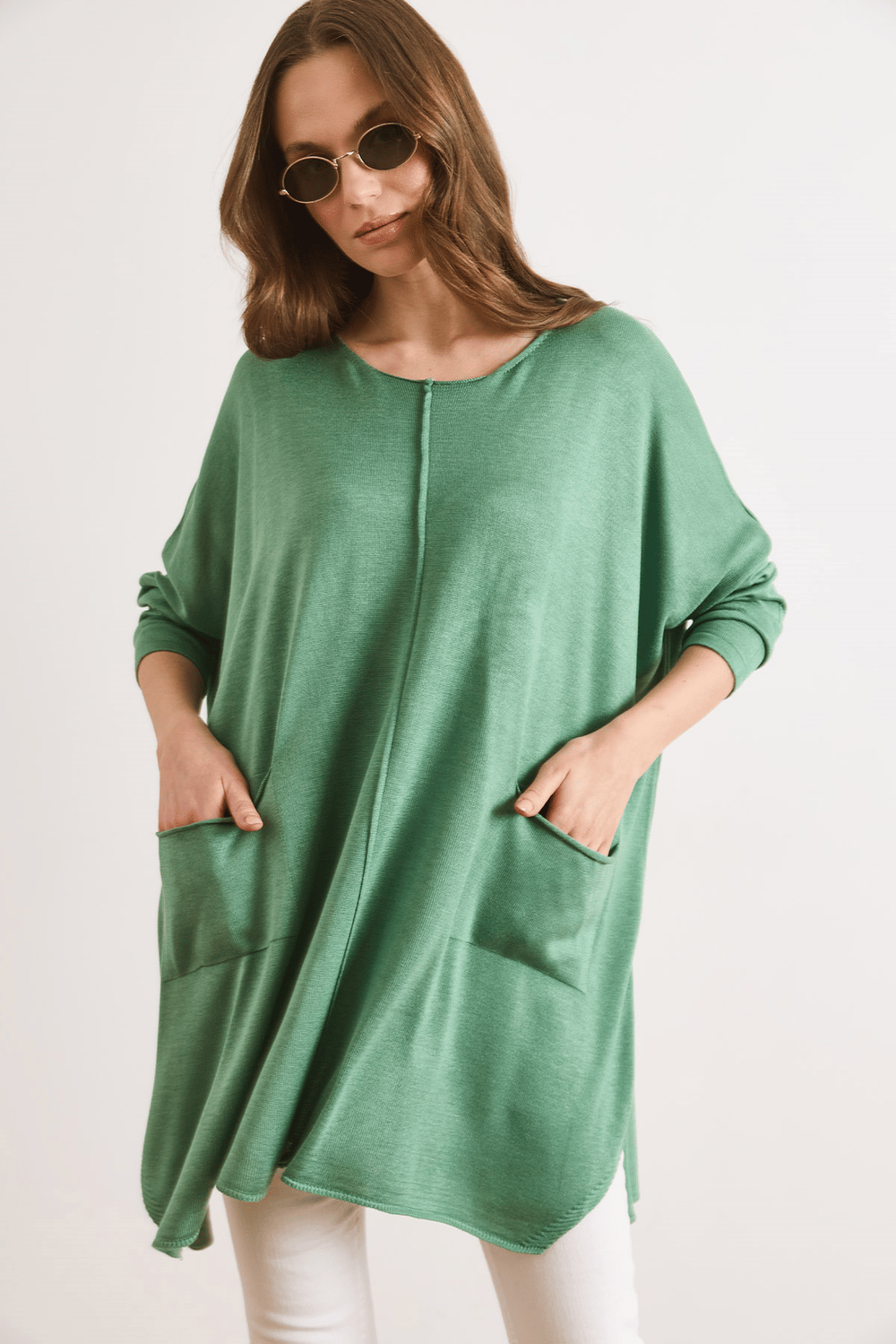 Çift Cepli Oversize Yırtmaçlı Uzun Triko Tunik Yeşil
