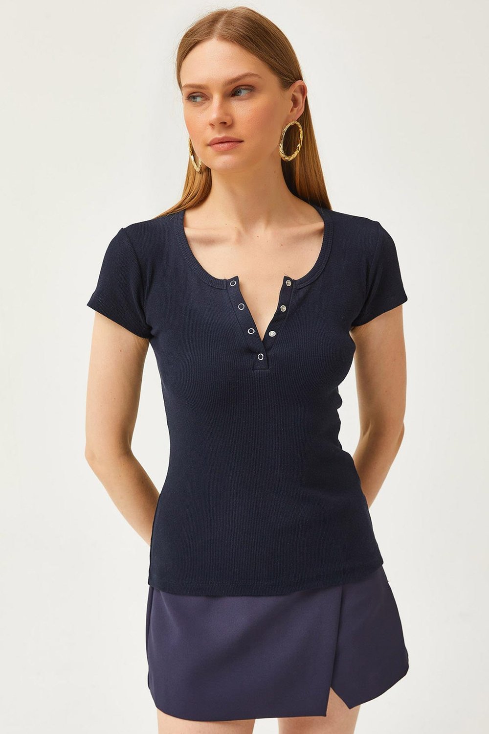 Çıtçıtlı Kaşkorse Bluz Lacivert