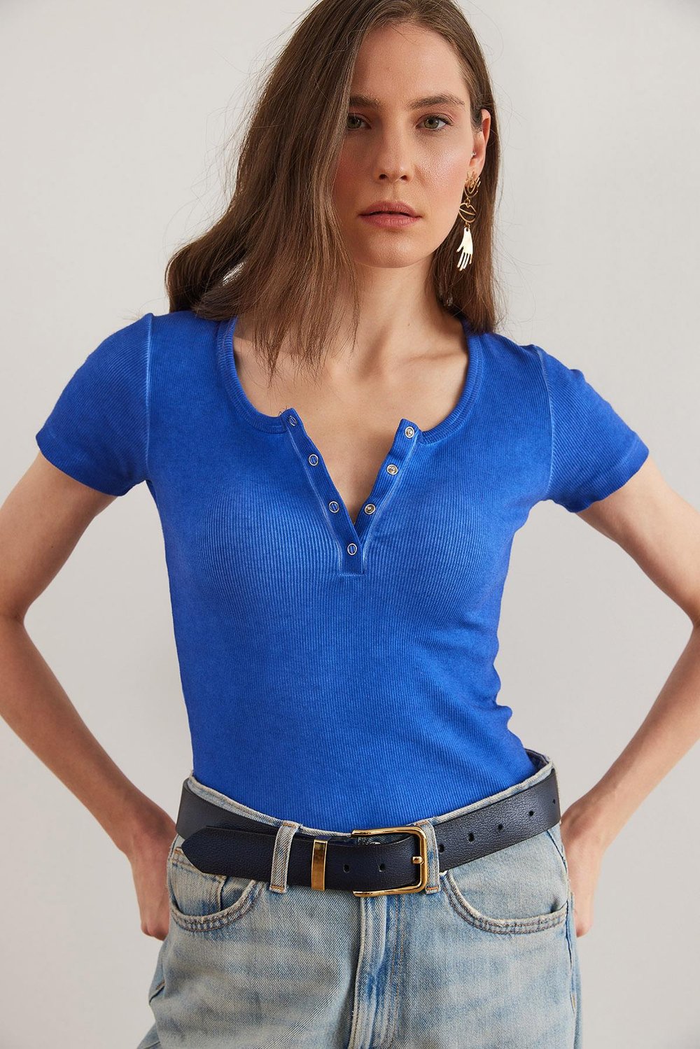 Çıtçıtlı Kaşkorse Bluz Yıkamalı Saks Mavi