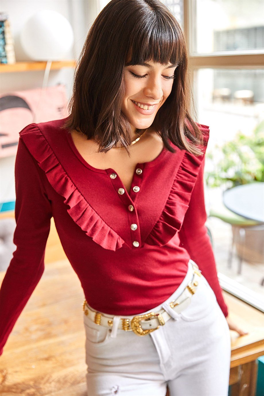 Fırfırlı Patlı Kaşkorse Bluz Bordo