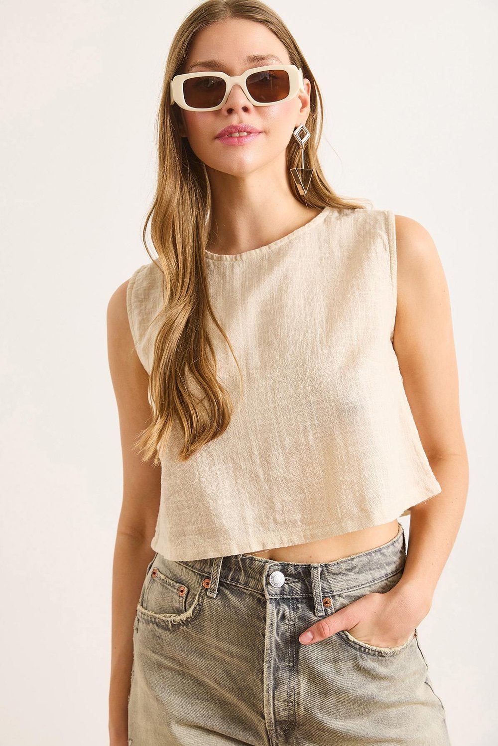 Flam Keten Crop Bluz Bej