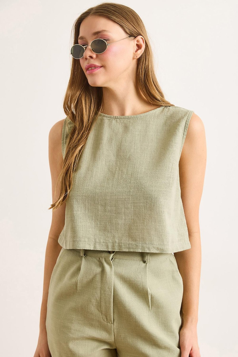 Flam Keten Crop Bluz Haki