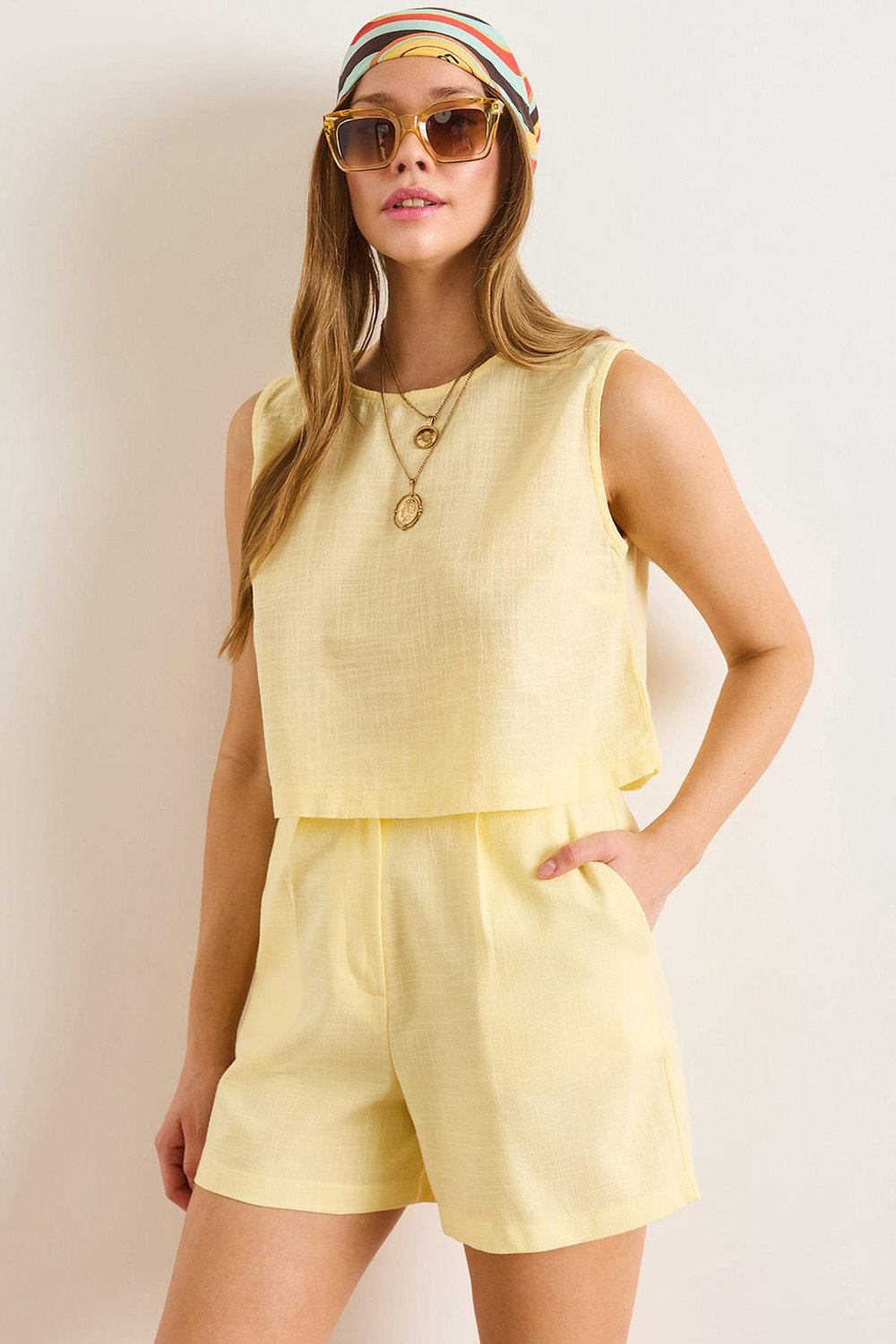 Flam Keten Crop Bluz Sarı