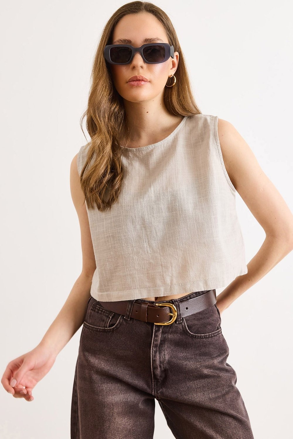 Flam Keten Crop Bluz Taş