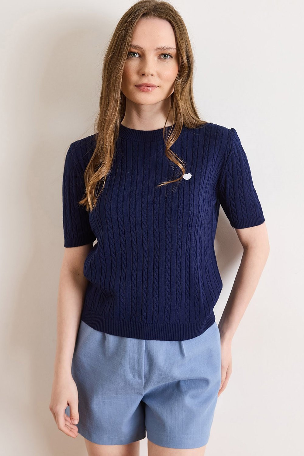Kalp Nakışlı Saç Örgülü Mevsimlik Triko Bluz Lacivert