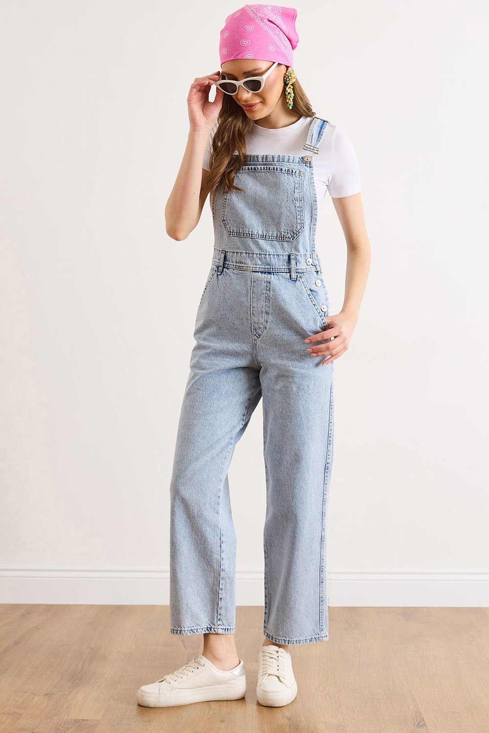 Kanguru Cepli Denim Salopet Açık Mavi