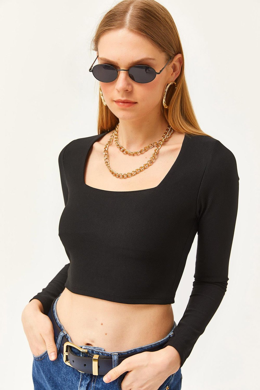 Kare Yaka Likralı Crop Ottoman Bluz Siyah