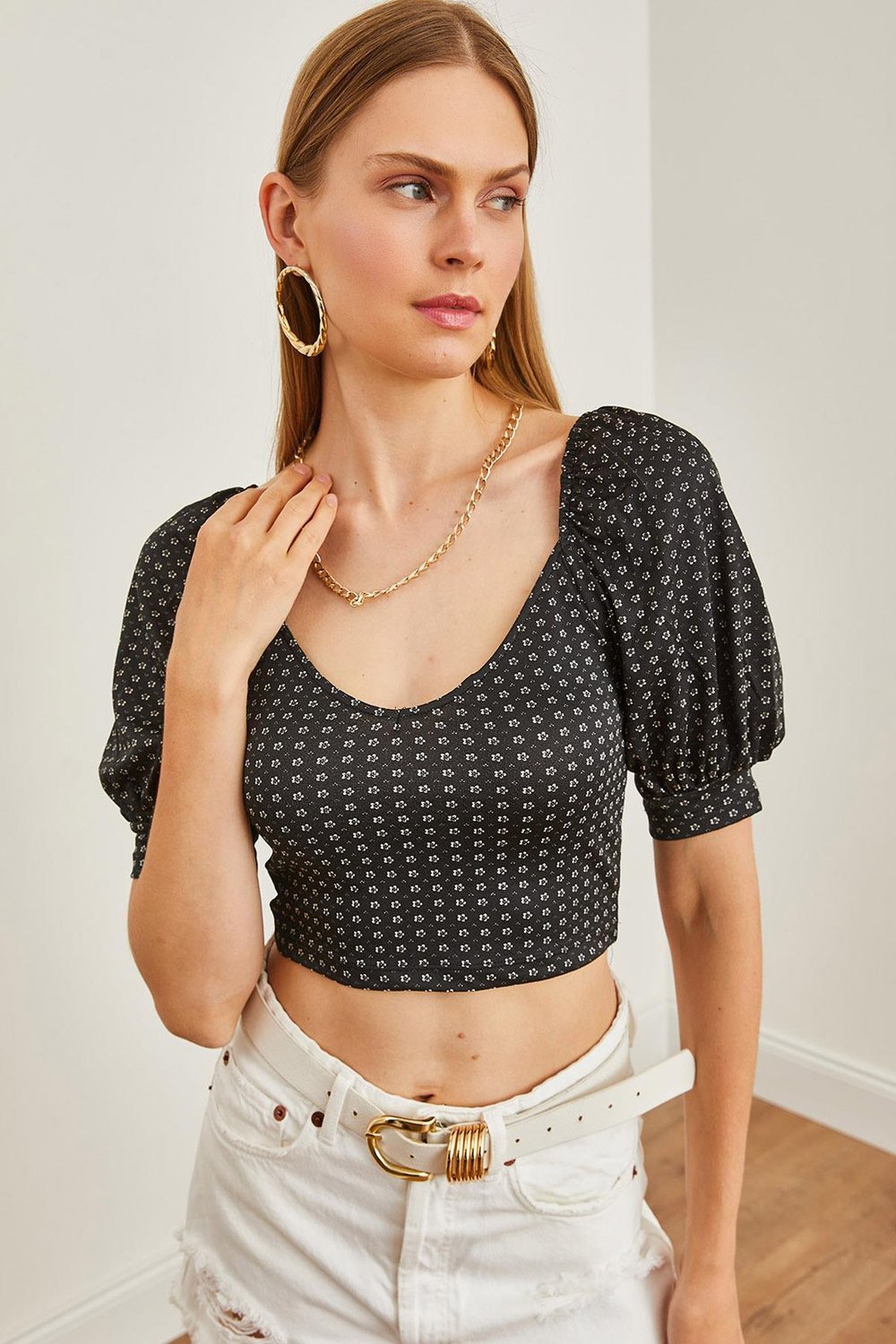 Karpuz Kol Crop Bluz Siyah